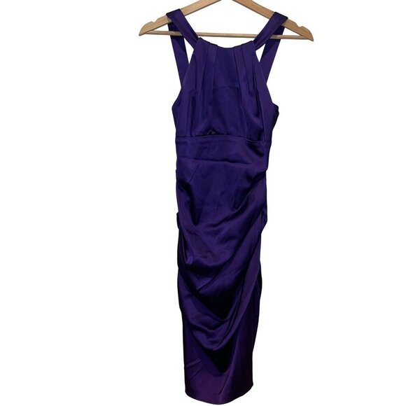 Xscape Petite Purple Satin Halter-Style Ruched Cocktail Dress Size 4 - Picture 1 of 8
